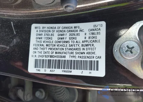 2013 Honda Civic Ex from USA, damaged, VIN 2HGFB2F88DH555648